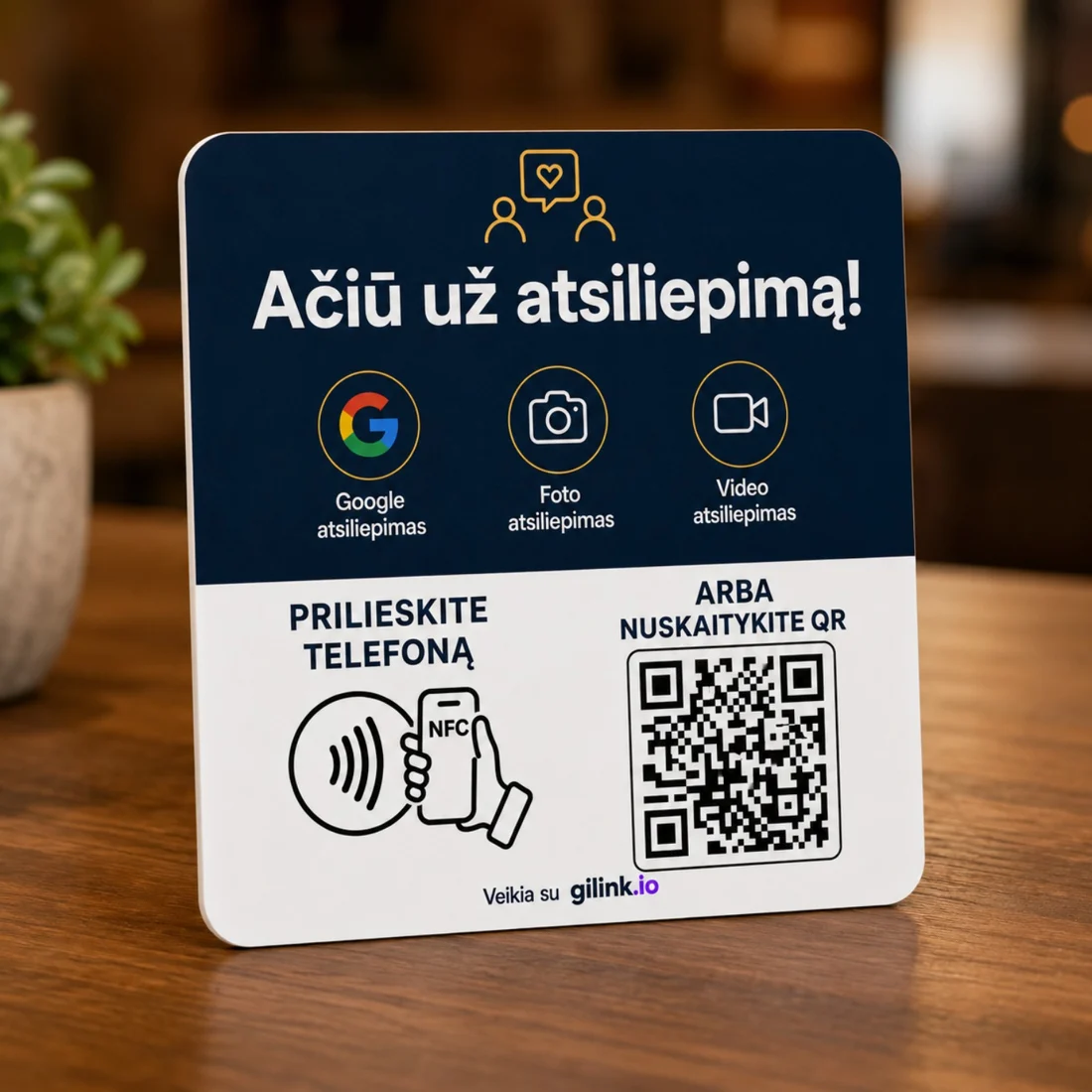 Gilink atsiliepimų surinkimo stovelis su Google, foto ir video pasirinkimais, NFC ir QR pavyzdžiais